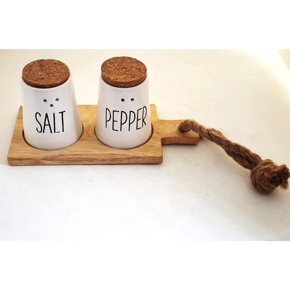 SALT & PEPPER/PIER 1-Set of Shakers With Wood Board Stand-Cork Tops-Set of 3 - Picture 1 of 10